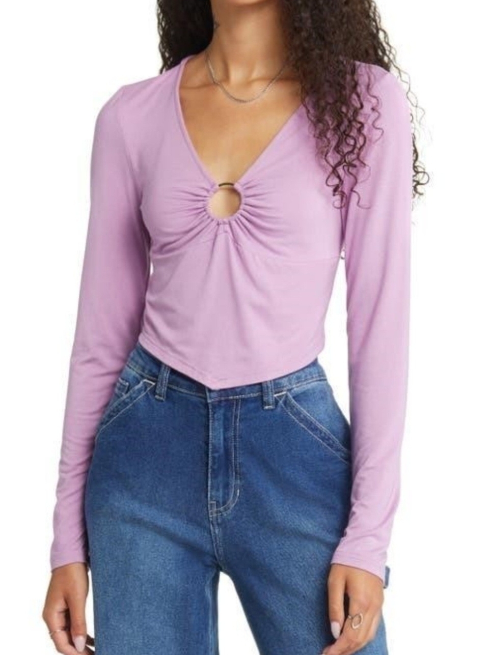 BP Lavender Long-Sleeve Ring-Front Crop Top